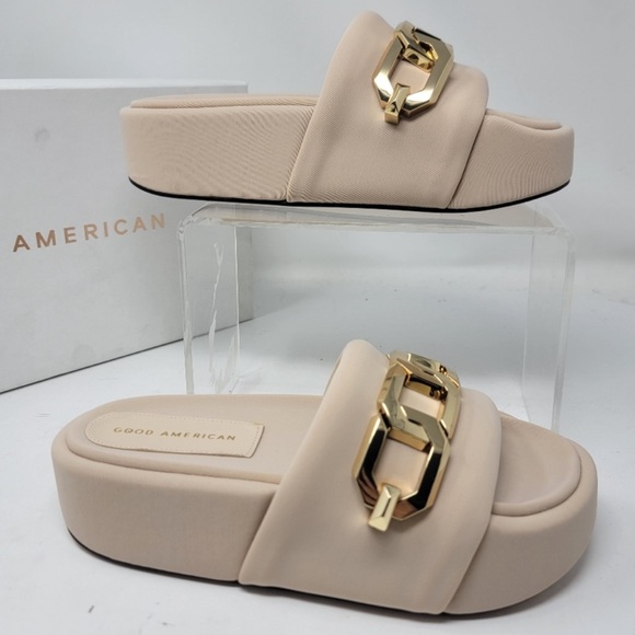 Good American Platform Chunky Gold Chain Beige Nude Slides Sandals Resort Beachy - Picture 2 of 8